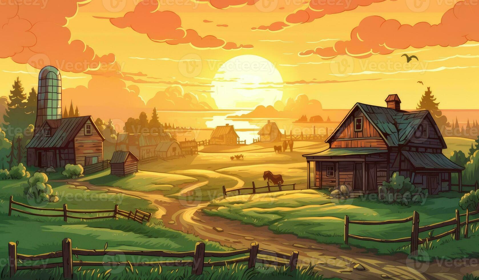 farmhouse in sunlight, farm landscape illustration photo