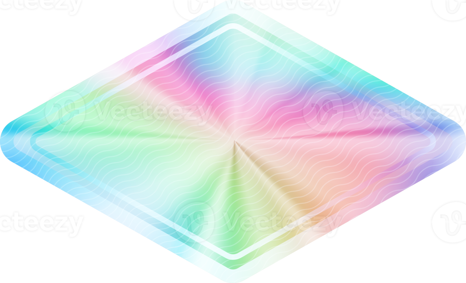 Holographic sticker. Rainbow label gradient stamp. Metal texture badge. Iridescent rainbow foil in rhombus shape. Neon emblem png