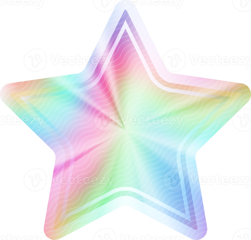 Holographic sticker. Rainbow label gradient stamp. Metal texture badge. Iridescent rainbow foil in star shape. Neon emblem png