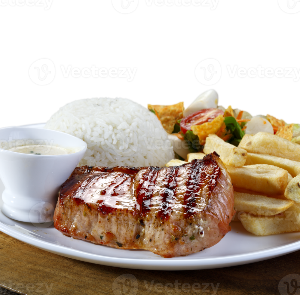 Grilled pork with rice, farofa and french fries png