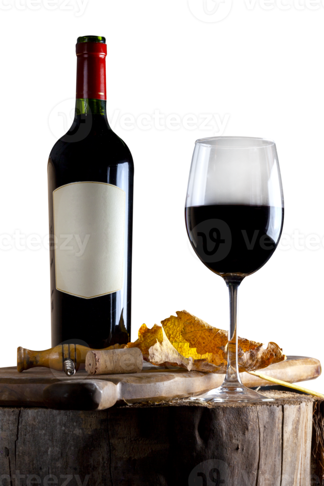 Glass and bottle of red wine, transparent background png