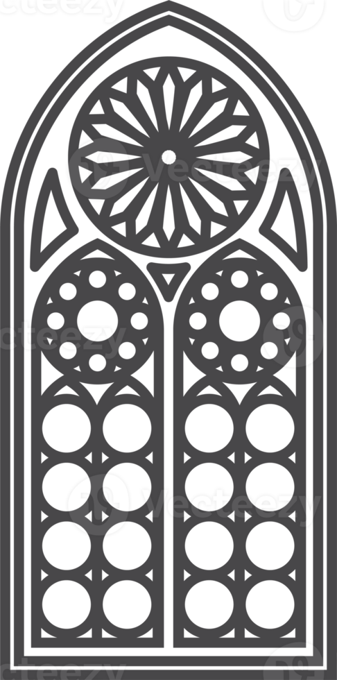 Gothic window. Vintage stained glass church frame. Element of traditional European architecture png