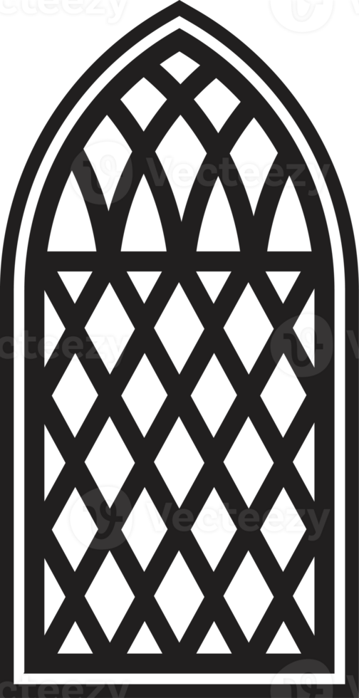 Gothic window. Vintage stained glass church frame. Element of traditional European architecture png