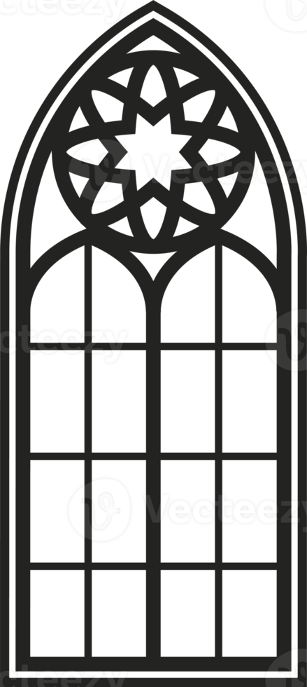 Gothic window. Vintage stained glass church frame. Element of traditional European architecture png