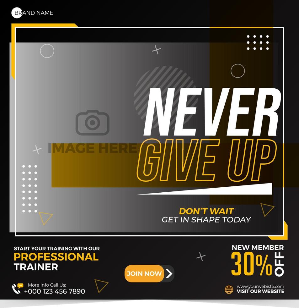 Gym, fitness, and sports social media post template design. Set of Modern square banner design with abstract yellow shape. Usable for social media, banner, and website. vector