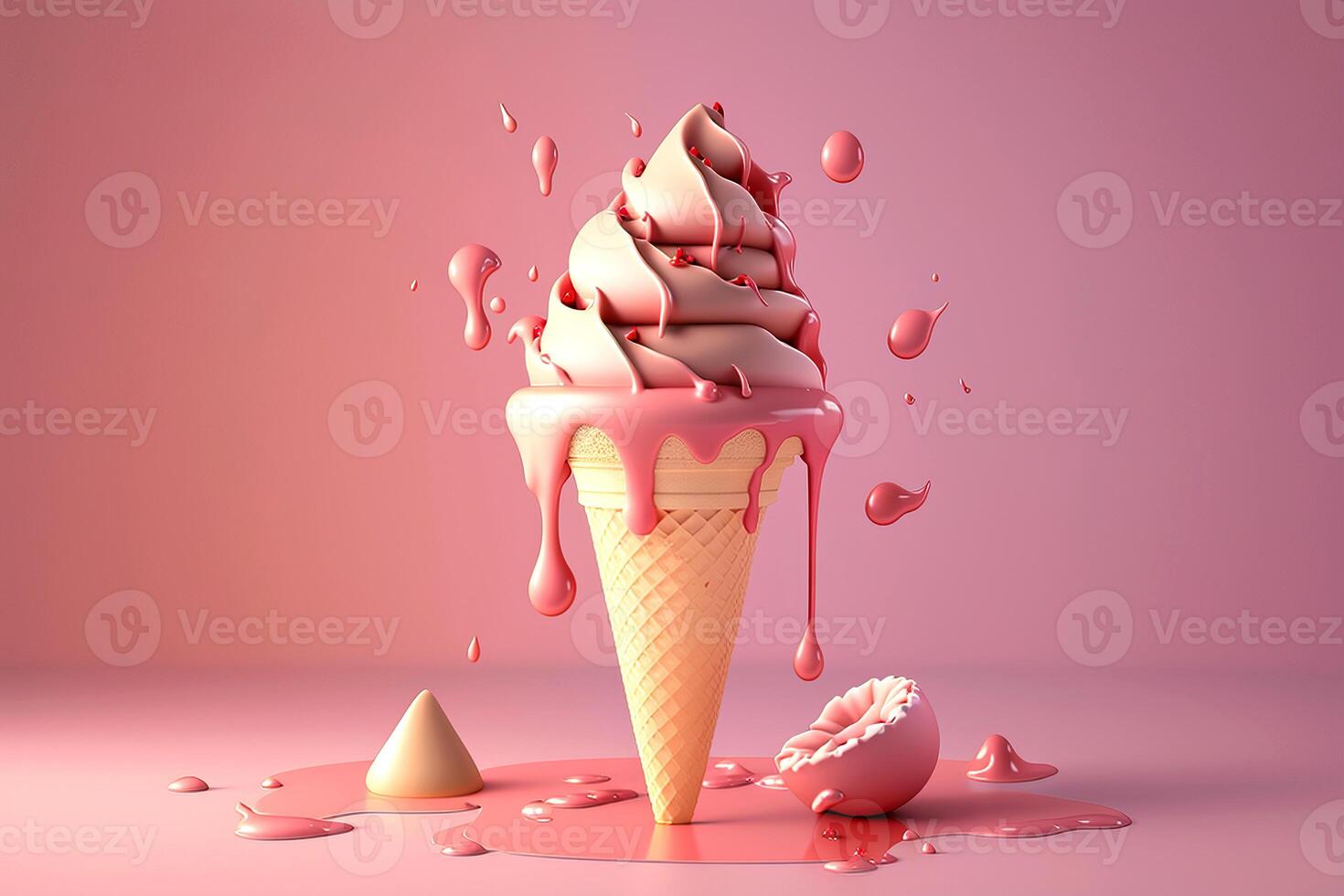 Strawberry iceacream cone melting over pink background. . photo