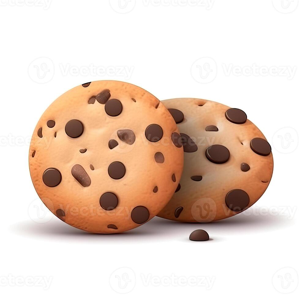 3D design of chocolate chip cookies over white background. . photo