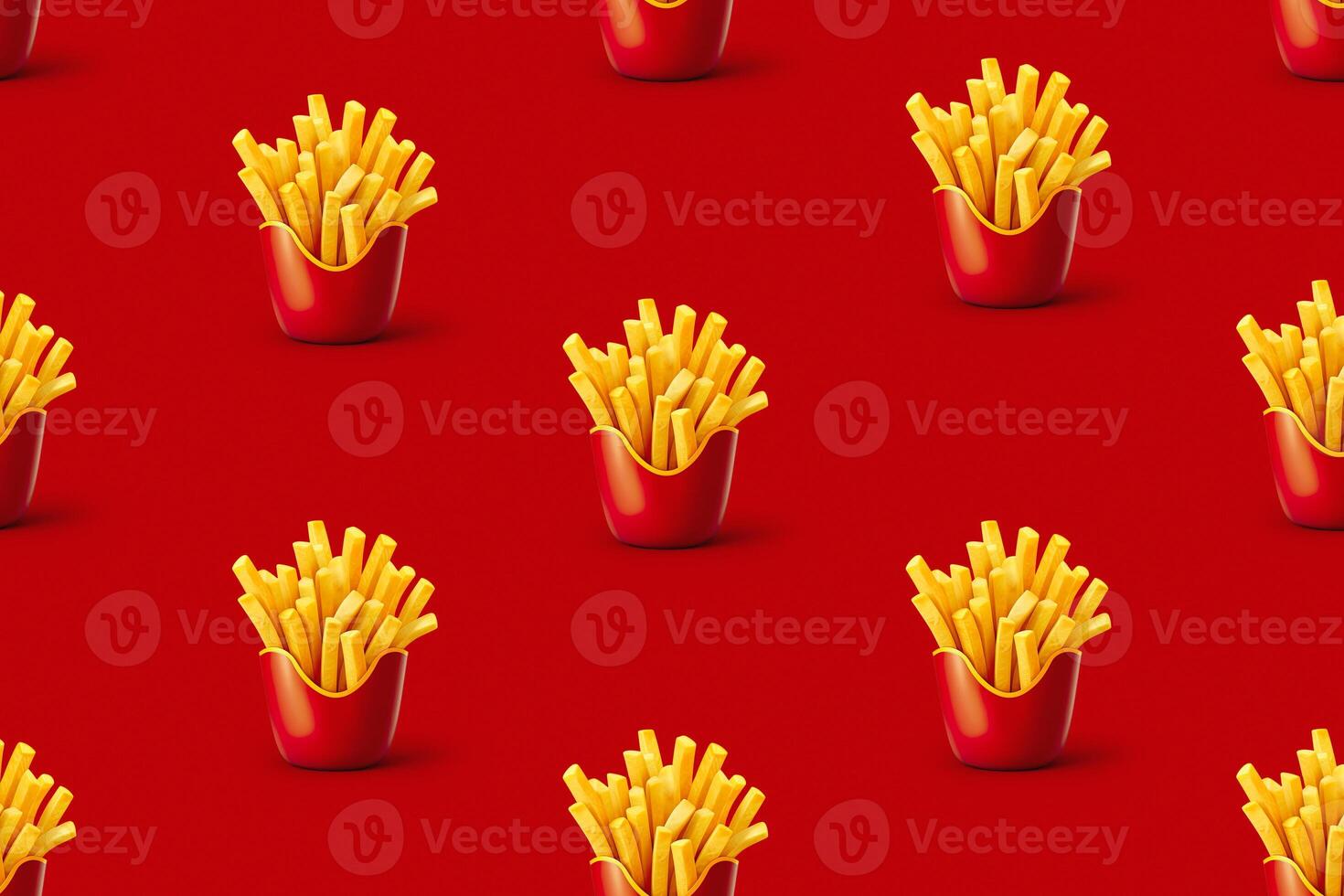 3D design french fries seamless pattern over red background. . photo