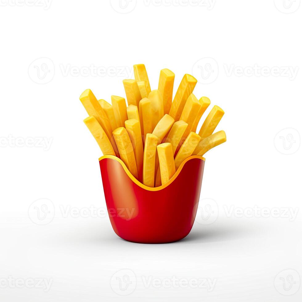 3d diseño de francés papas fritas terminado blanco antecedentes. generativo ai. foto