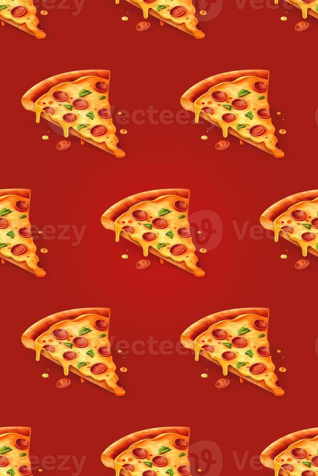 3d diseño Pizza rebanada sin costura modelo terminado rojo antecedentes. generativo ai. foto