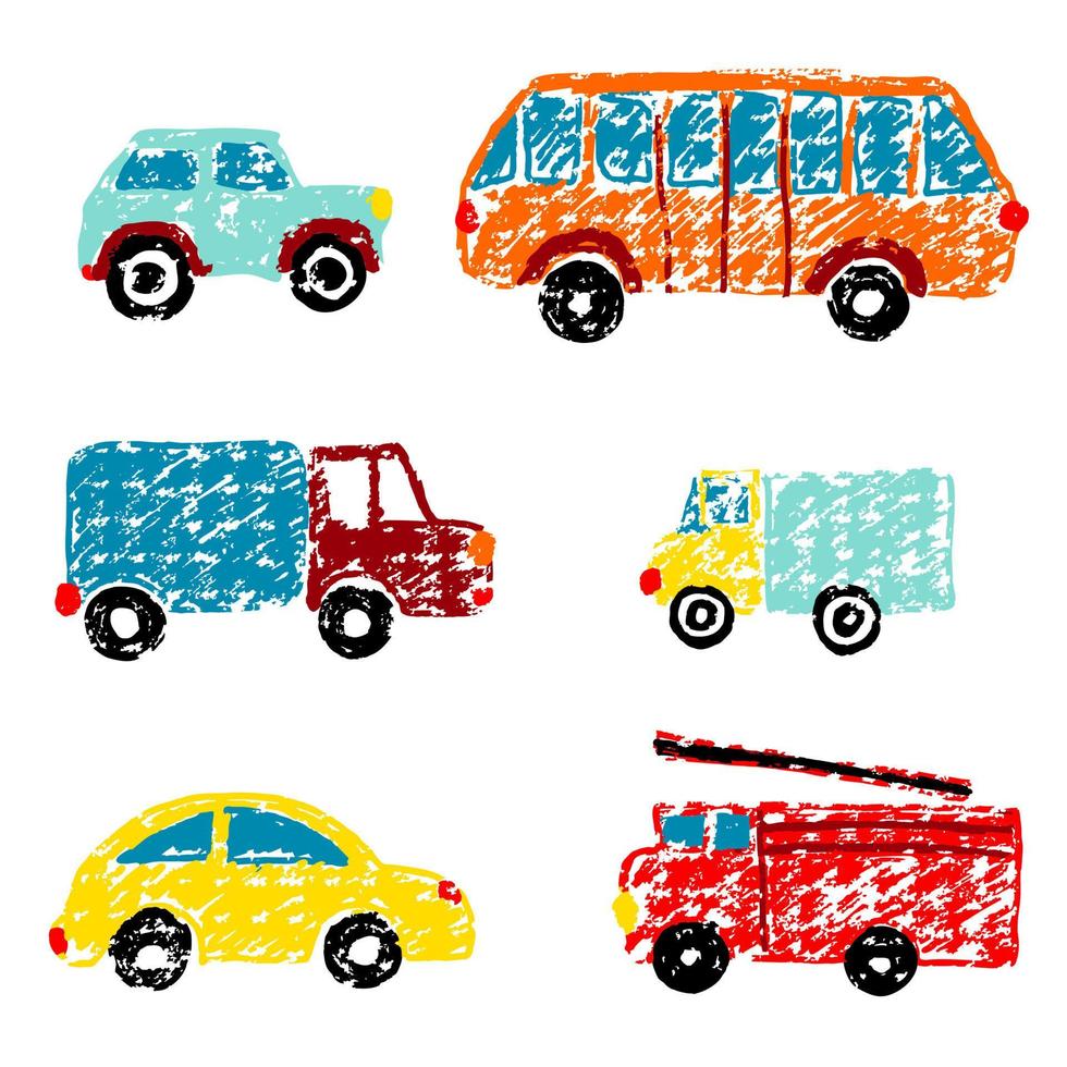 Set of primitive cars in kids style. Simple kids illustration hand drawn by crayola or pencils vector