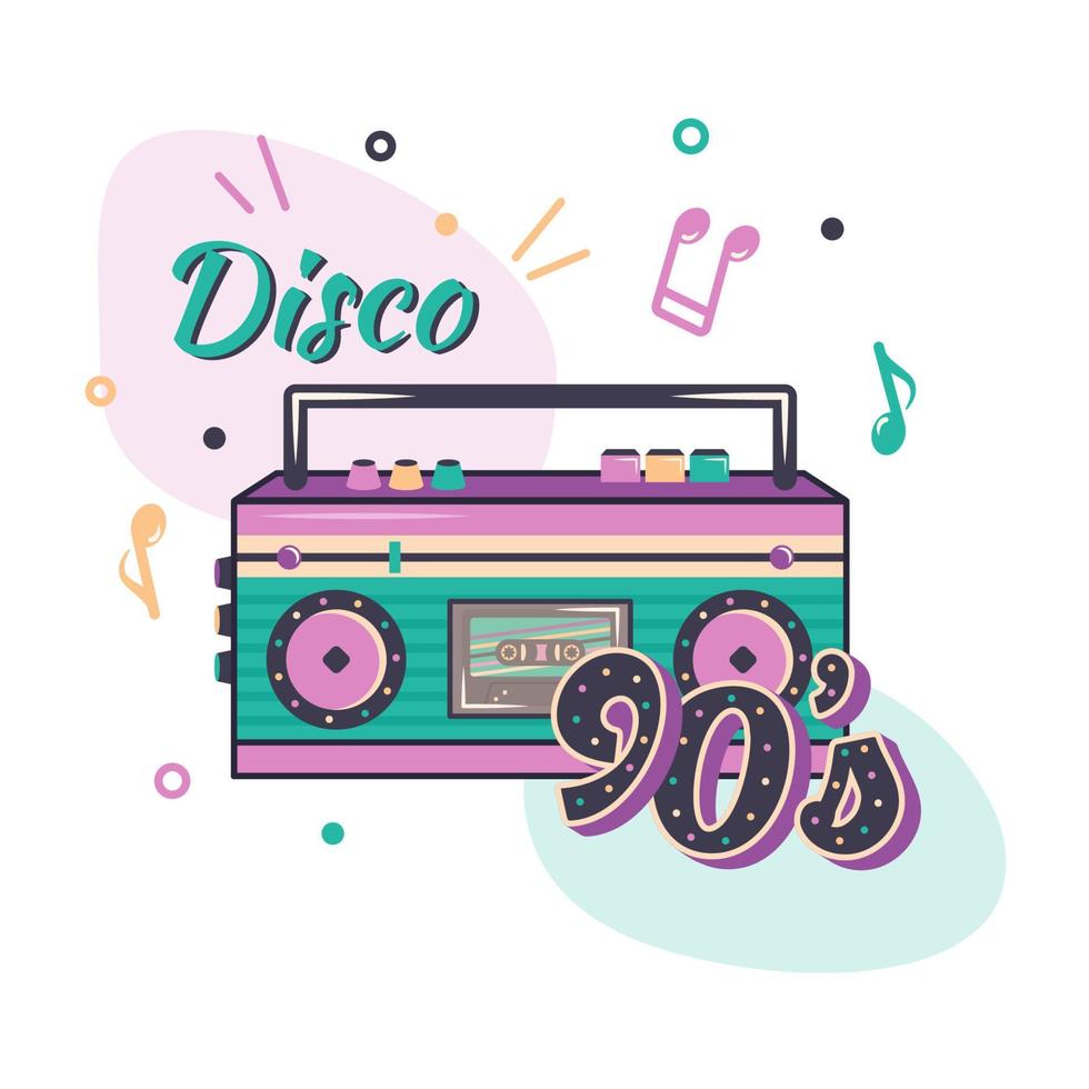 Pink music player with color light loudspeakers and cassette. Clipart of retro tape recorder, notes, text disco 90s. Vector cartoon flat illustration for banner, poster, cover