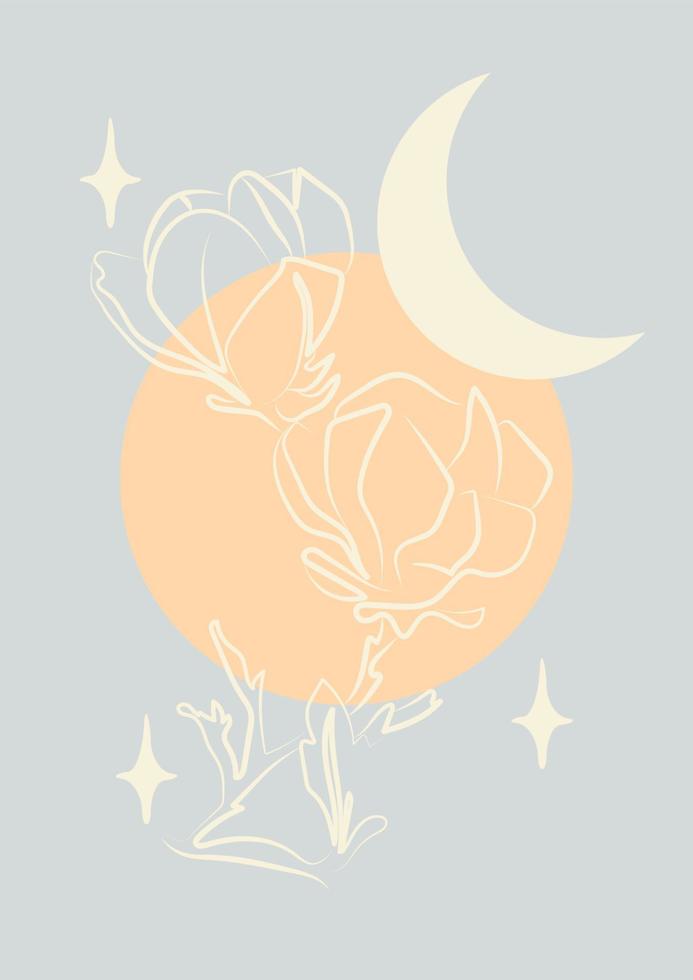 Minimalistic Illustration with magnolia branch and moon. Modern style celestial wall decor. Contemporary artistic poster for print, decoration vector