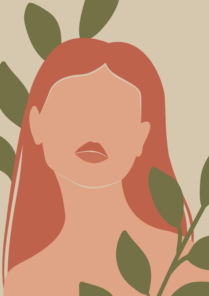 resumen ilustración de joven mujer con hojas. contemporáneo Arte póster vector
