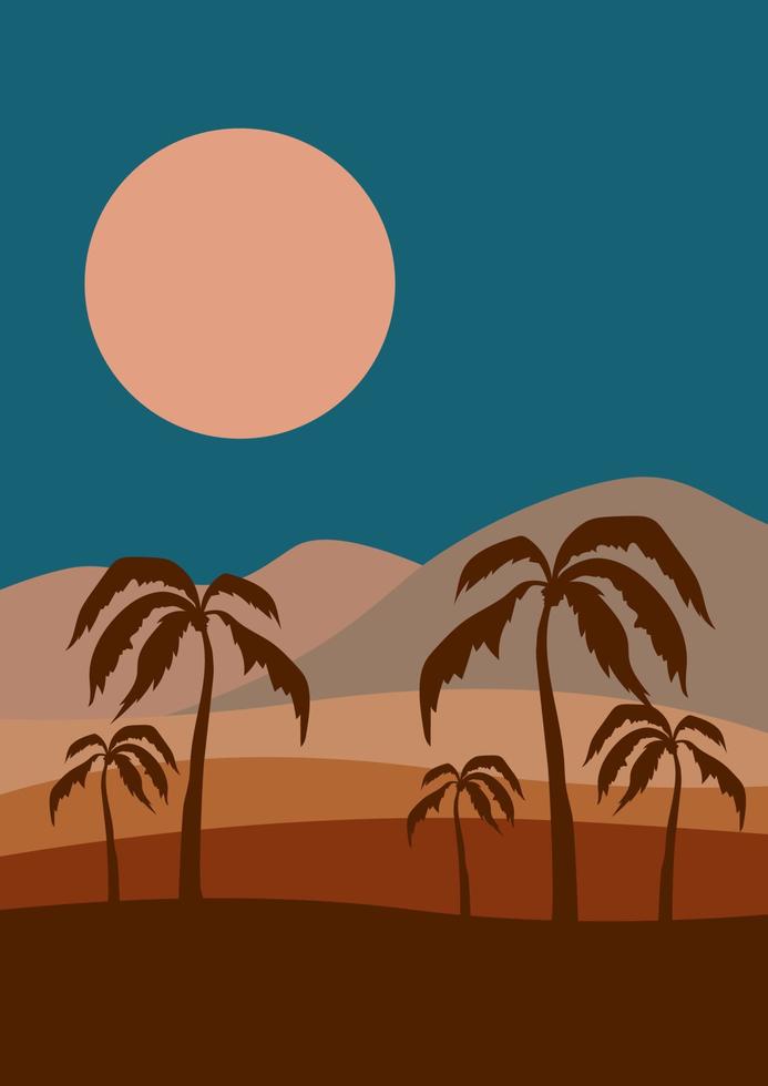 Desierto oasis en medianoche minimalista imprimible ilustración. dunas y palma salvaje naturaleza paisaje con palma árbol planta. Egipto póster modelo vector