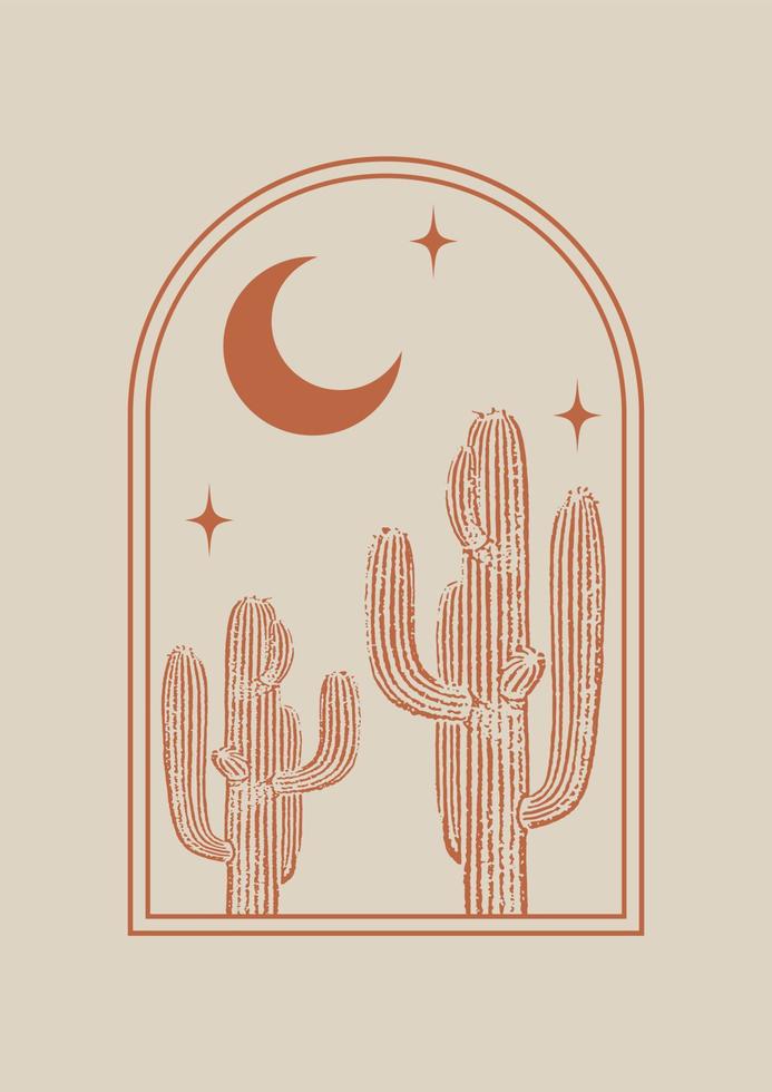 Minimalist aesthetic illustration with cactus in night desert. vector