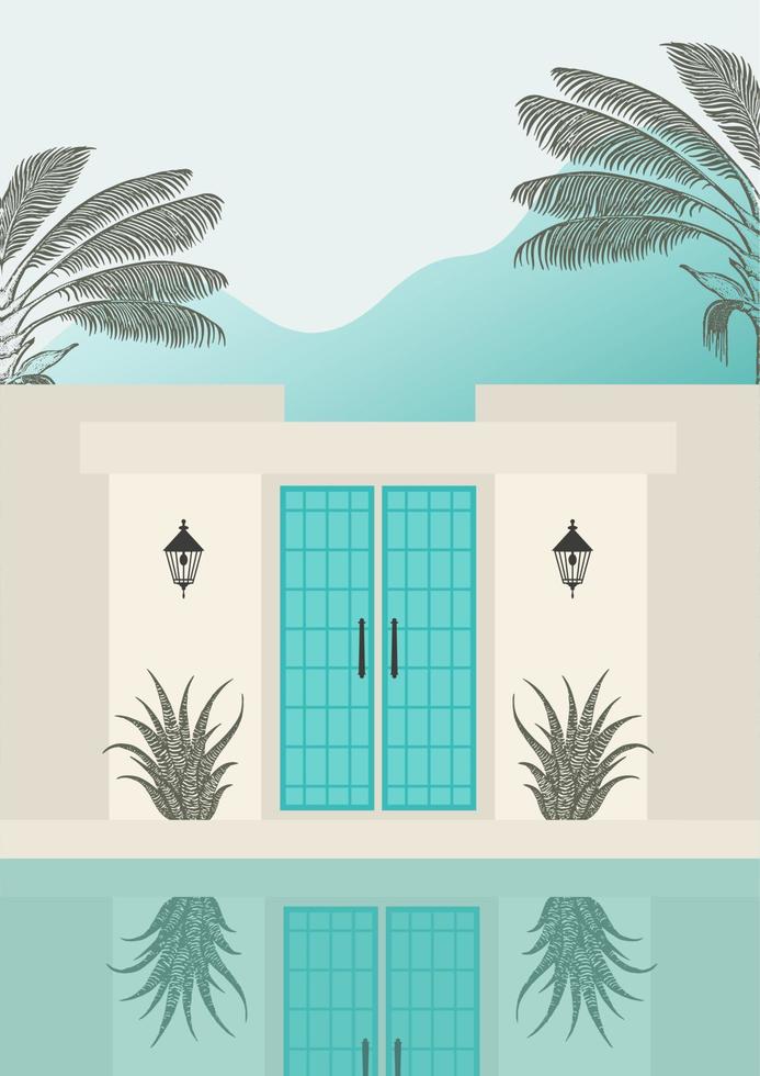 Exotic resort landscape, luxury villa minimalist architecture poster. Exotic palms, sea vector