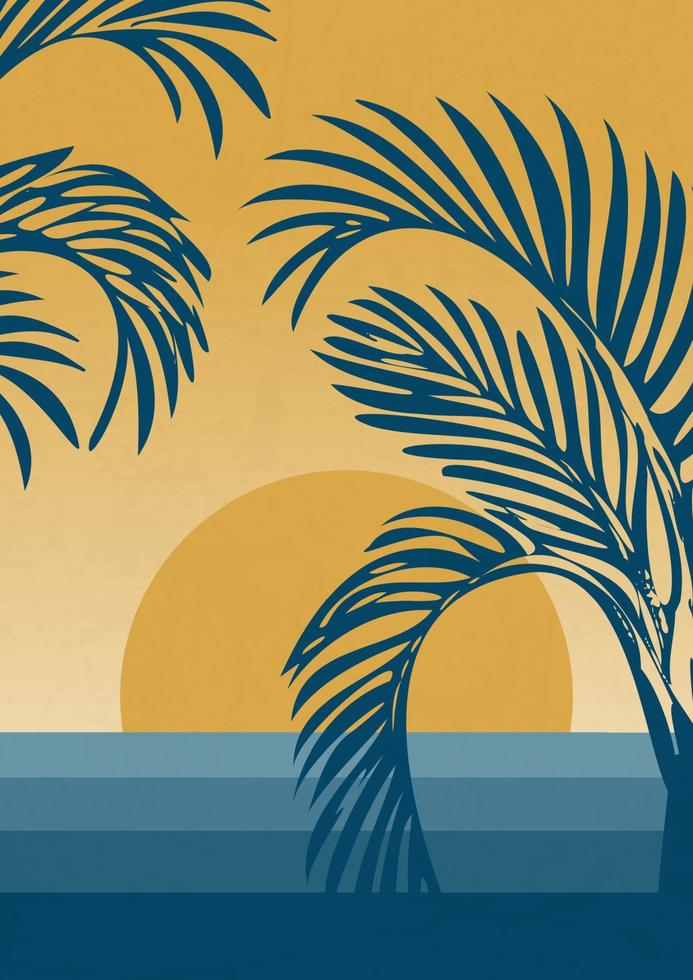 playa paisaje con puesta de sol ver y palmas póster. minimalista estilo. vector