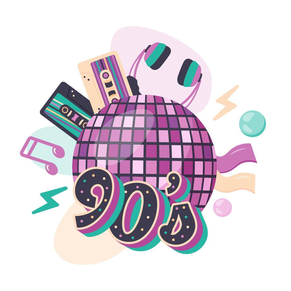 Mosaic Pink Mirror disco ball with headphones, notes, cassettes for music player, bubblegum. Clipart. Music template in retro style of 90s, 80s for nostalgia musical party, advertising poster. Vector