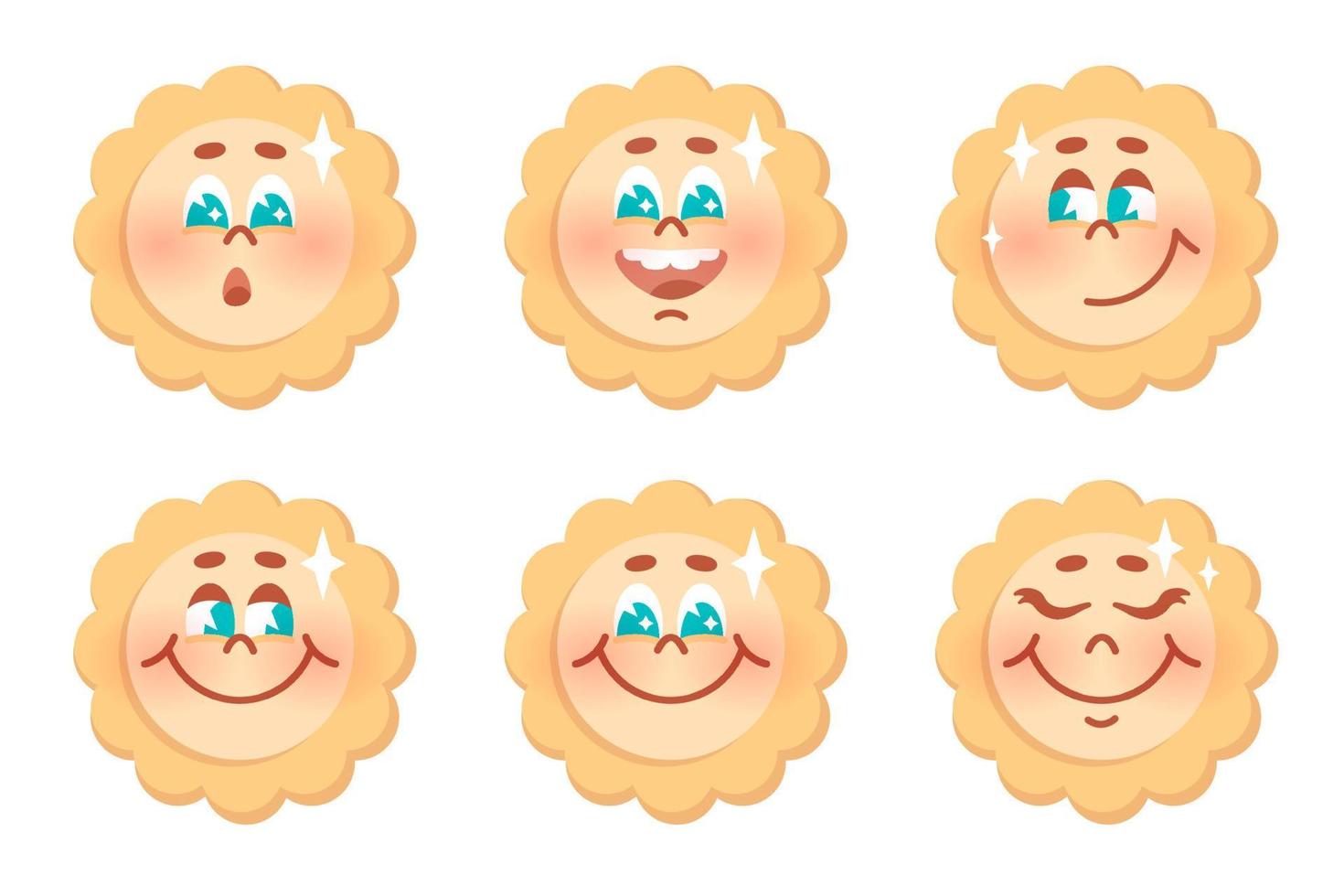 conjunto de linda sonriente soles con dibujos animados rostro. colección de icono para imprimir, decoración, cubrir, clima diseño, para niños productos, juguetes vector aislado ilustración.