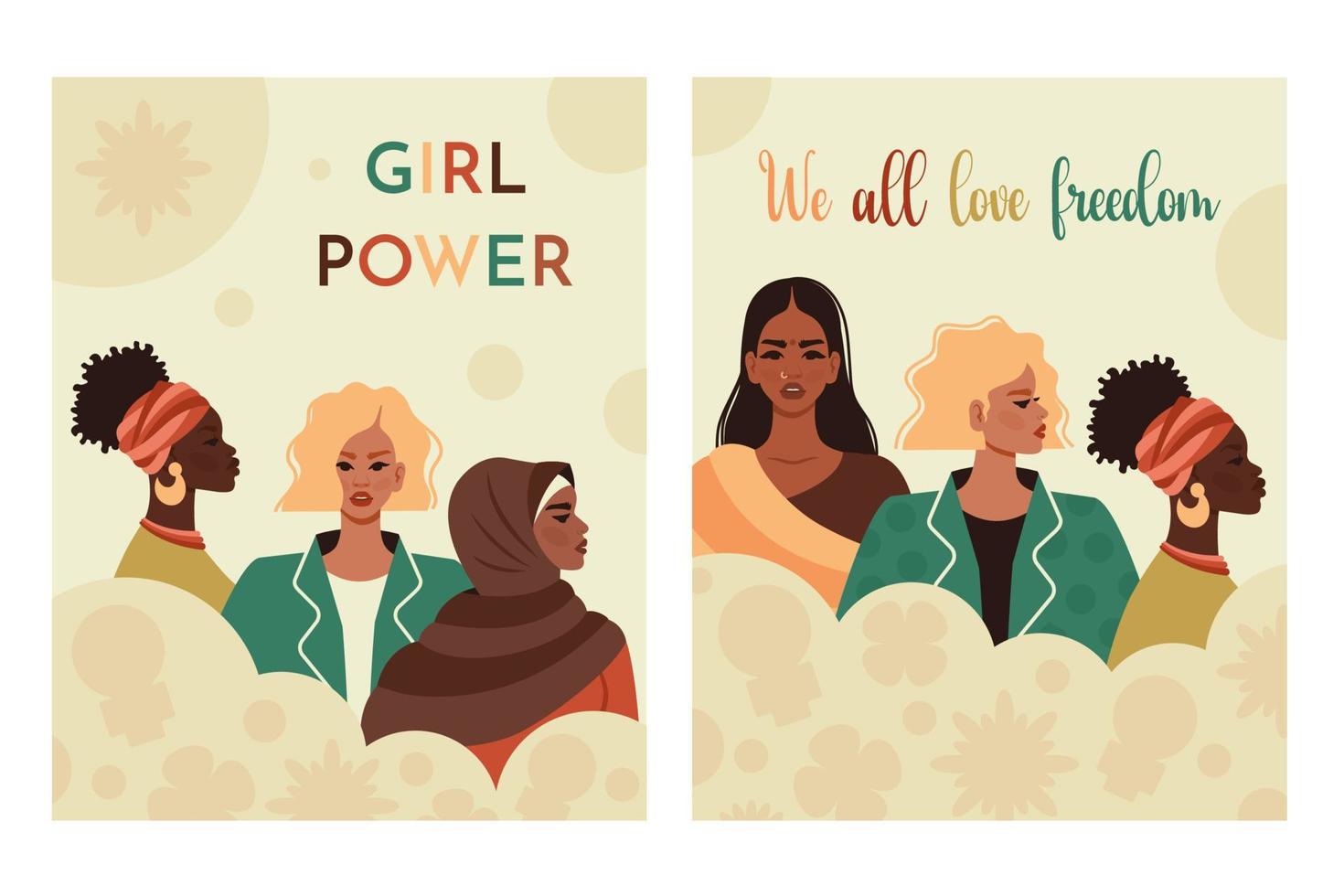 Girl power. Feminist movement. Womens of different nationalities together. Feminism, women empowerment, support, diversity, gender equality concept. Vector illustration for social media post, poster