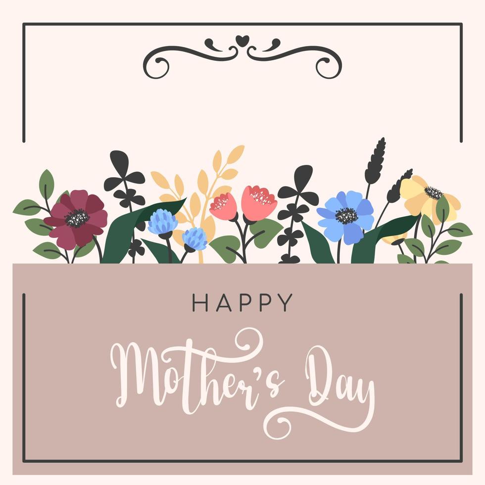 Mother's day background. Horizontal floral frame with hand draw lettering in vintage style. Pink greeting card template decorated by blooming wildflowers. Vector flat illustration for spring holidays