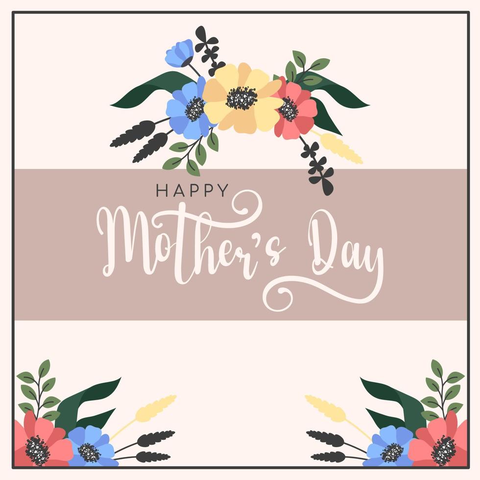 Happy Mother's day. Horizontal floral frame with flower wreath and hand draw lettering. Pink greeting card template decorated by blooming wildflowers. Vector  vintage illustration for spring holidays