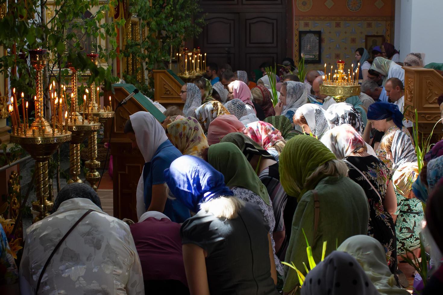 Palm Sunday.Many people in the temple celebrate Palm Sunday. Orthodox believers. A crowd of residents in the church. photo