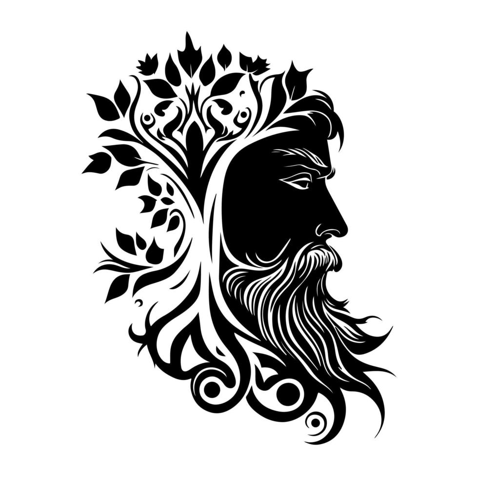 Enchanting nature god with half of the face composed of leaves and intricate patterns. Monochrome vector illustration for logo, emblem, badge, and other nature-inspired designs.