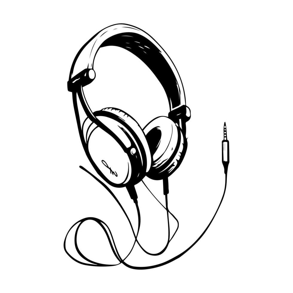 Over-ear wired headphones with intricate line art design. Monochromatic vector illustration perfect for music, tech, and entertainment-related projects. Isolated on white background.