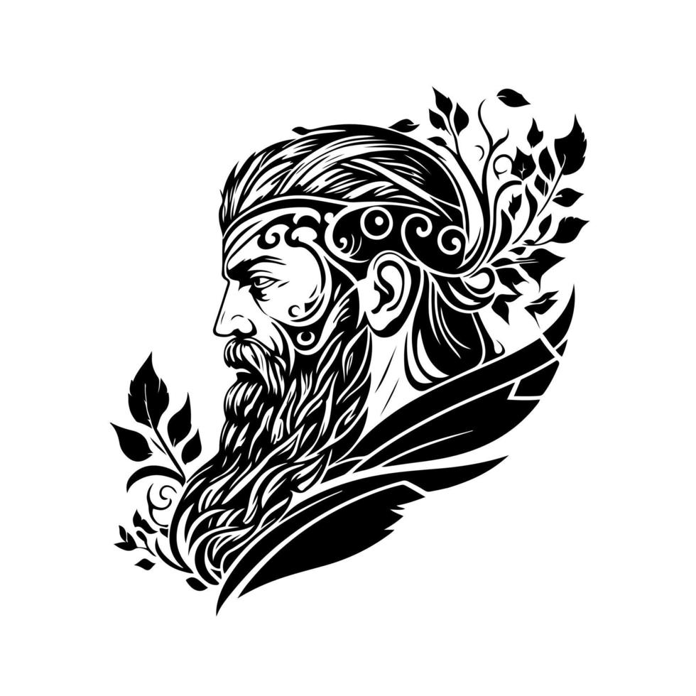 Majestic portrait of a hunter and warrior man with a long beard and mustache. Monochrome vector illustration for badges, emblems, t-shirts. Great for outdoor, adventure, hunting. Isolated on white.