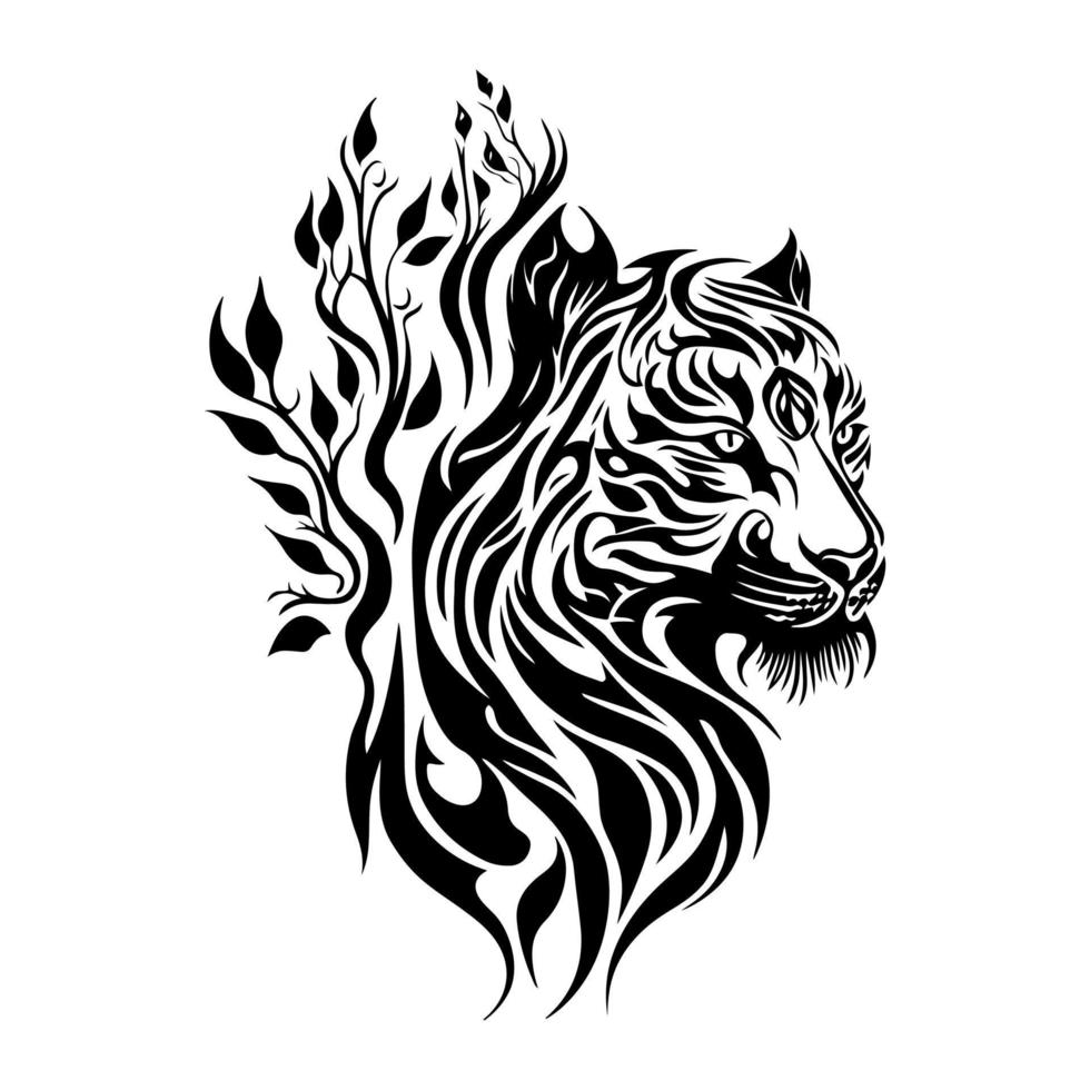 majestuoso Tigre cabeza con floral ornamento en tribal estilo. monocromo vector ilustración Perfecto para camisetas, tatuajes, carteles, y otro diseños relacionado a fauna silvestre, naturaleza, y cultura.