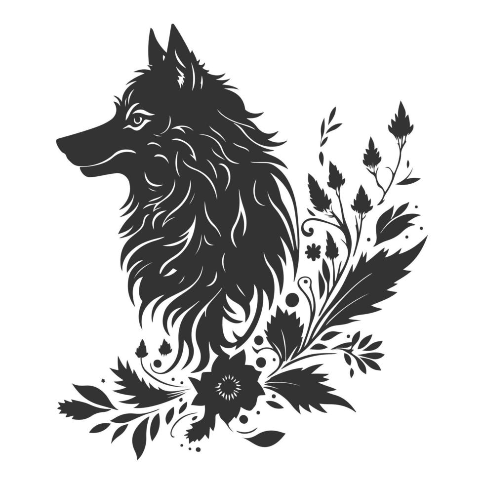 Adorable wolf cub amidst blooming flowers and leaves. Monochrome vector illustration for designs related to nature, wildlife, children, and gardening. Isolated on white.
