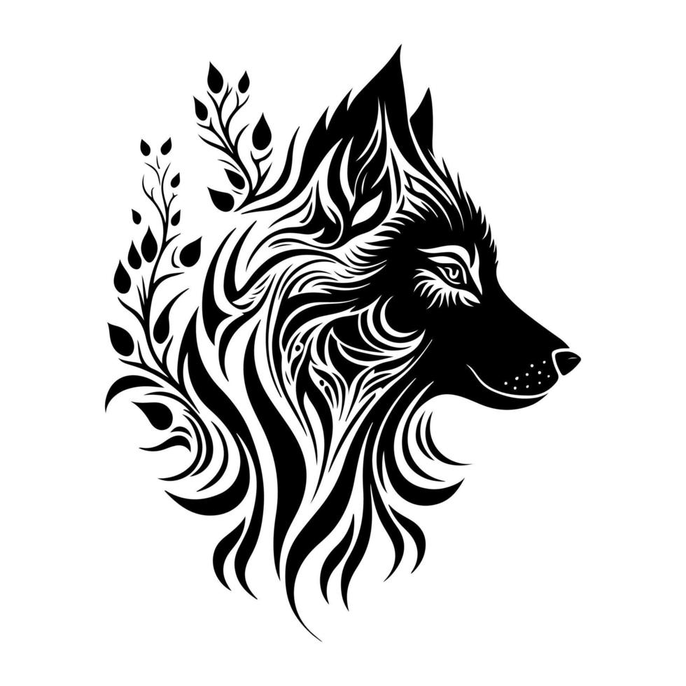 Majestic wolf head with tribal floral ornament. Monochrome vector illustration for emblem, badge, mascot and other wildlife design projects related to nature. Isolated on white background.