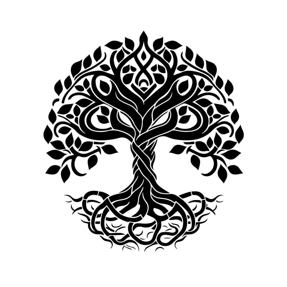 hermosa estilo celta árbol con intrincado raíces y follaje. un impresionante, florido diseño Perfecto para emblema, mural, relacionado con la naturaleza proyectos monocromo vector ilustración, aislado en blanco.