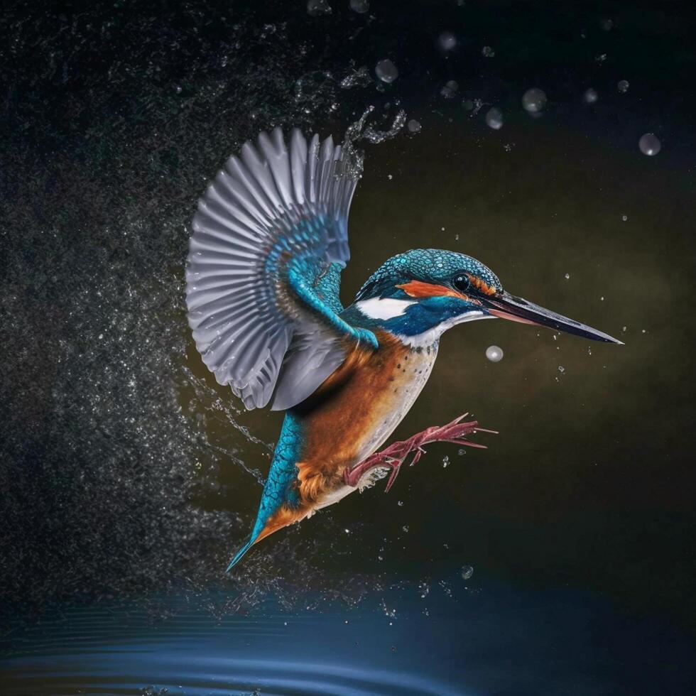 Common European Kingfisher river kingfisher flying after emerging from water with caught fish prey in beak photo