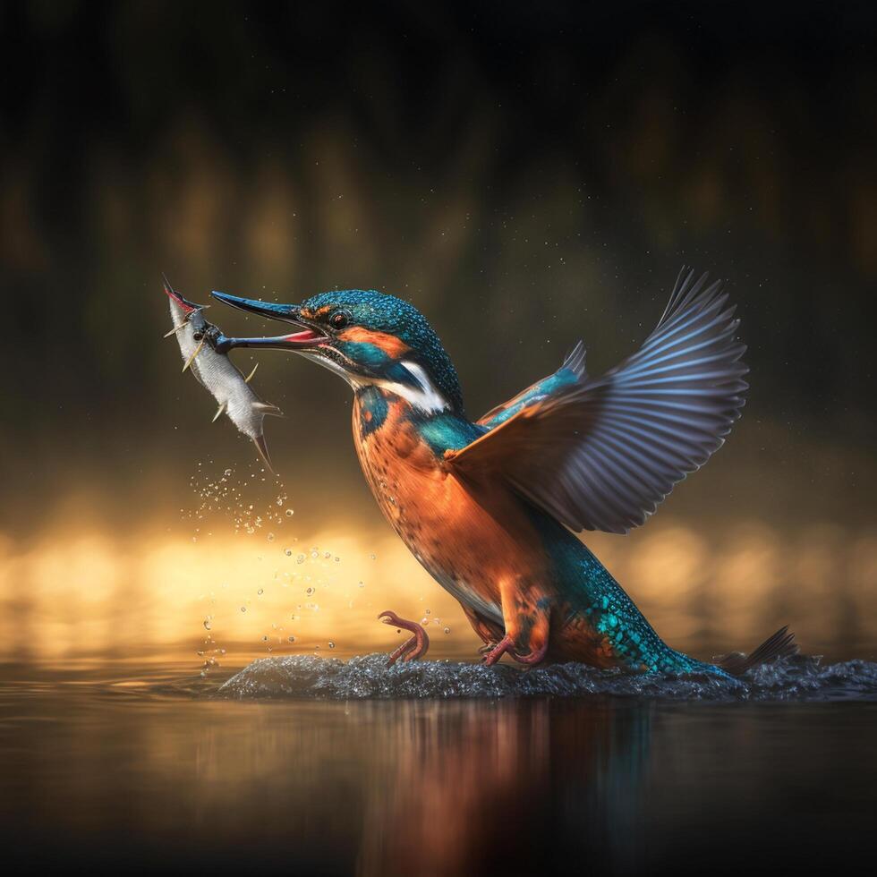 Common European Kingfisher river kingfisher flying after emerging from water with caught fish prey in beak photo