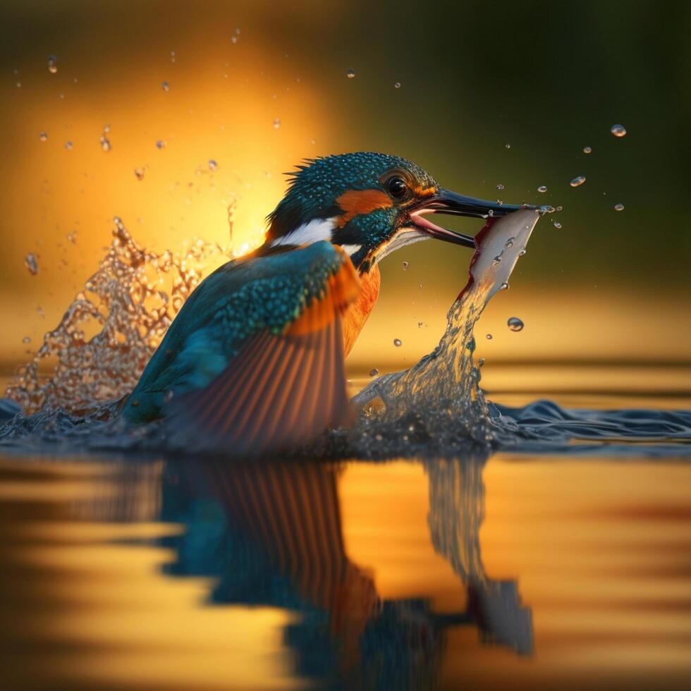 Common European Kingfisher river kingfisher flying after emerging from water with caught fish prey in beak photo