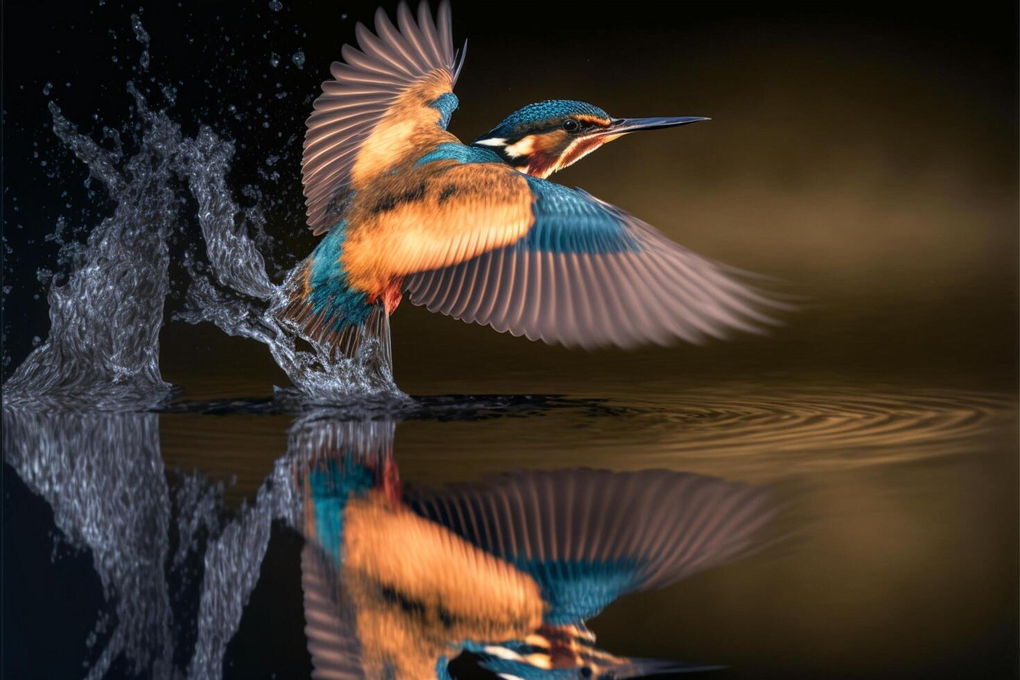 Common European Kingfisher river kingfisher flying after emerging from water with caught fish prey in beak photo