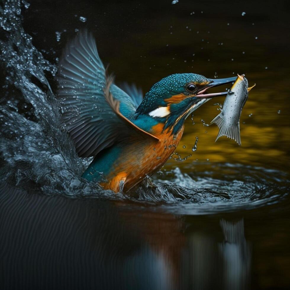 Common European Kingfisher river kingfisher flying after emerging from water with caught fish prey in beak photo