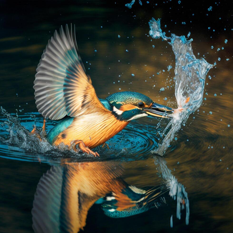 Common European Kingfisher river kingfisher flying after emerging from water with caught fish prey in beak photo