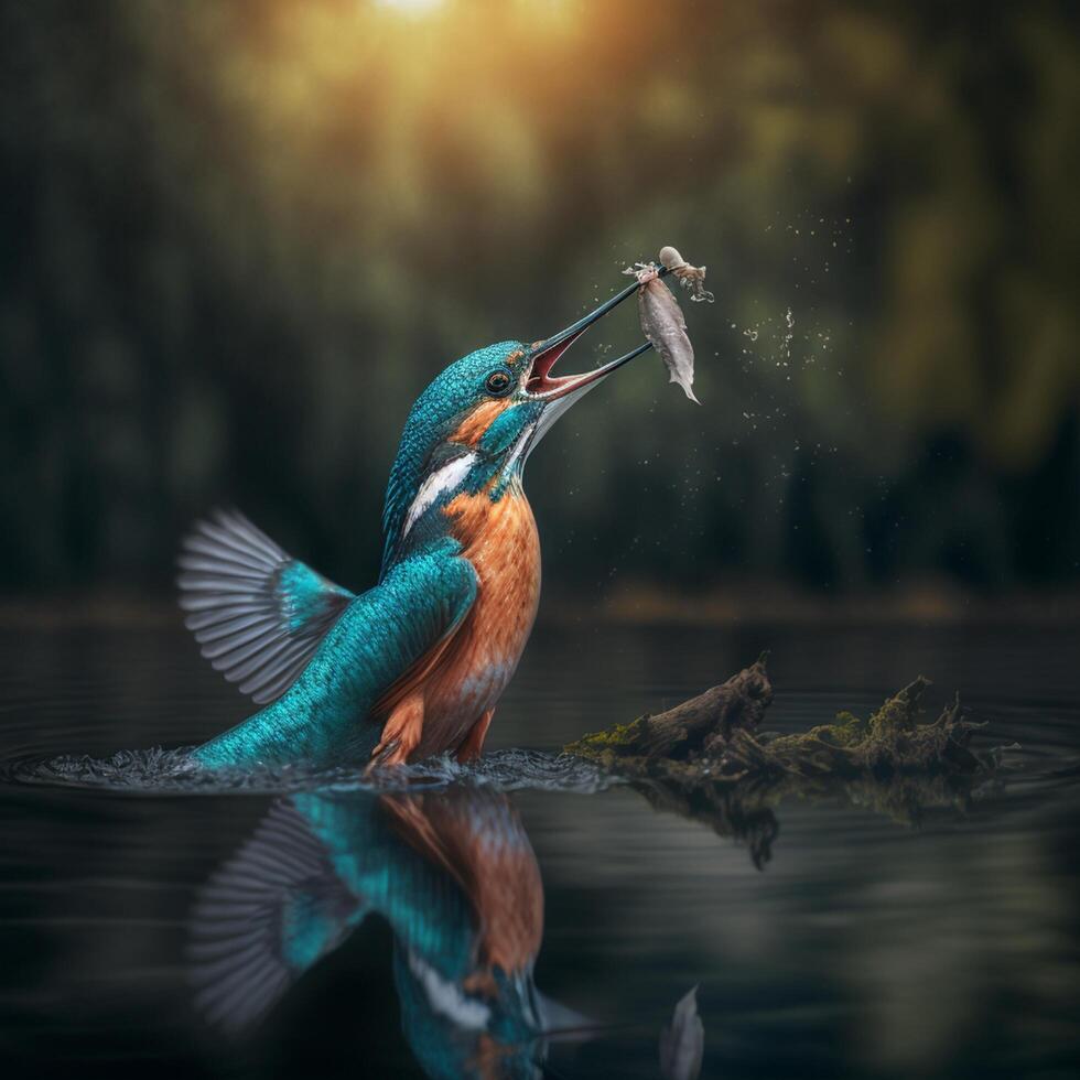 Common European Kingfisher river kingfisher flying after emerging from water with caught fish prey in beak photo