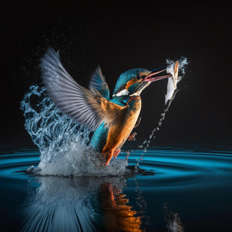 Common European Kingfisher river kingfisher flying after emerging from water with caught fish prey in beak photo