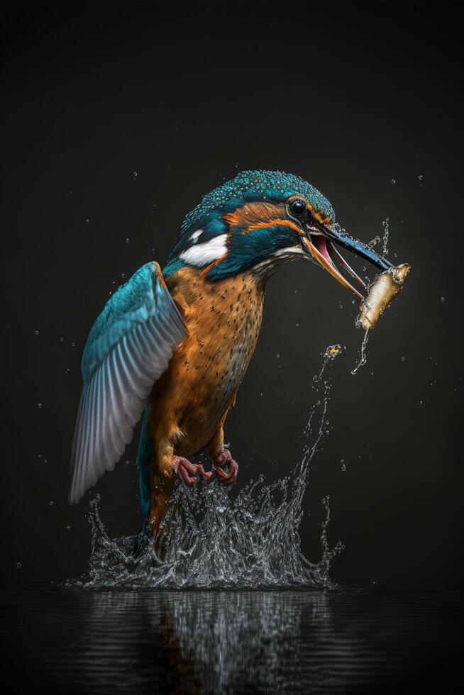 Common European Kingfisher river kingfisher flying after emerging from water with caught fish prey in beak photo