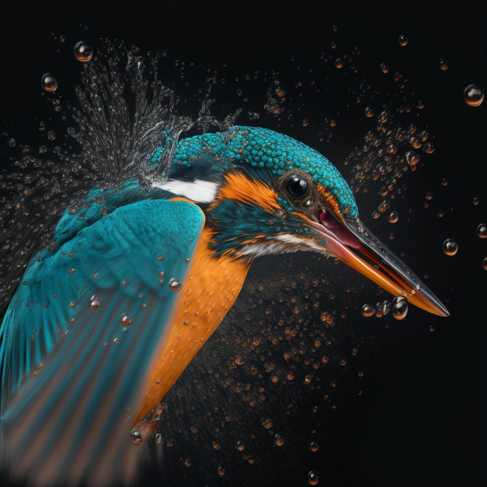 Common European Kingfisher river kingfisher flying after emerging from water with caught fish prey in beak photo