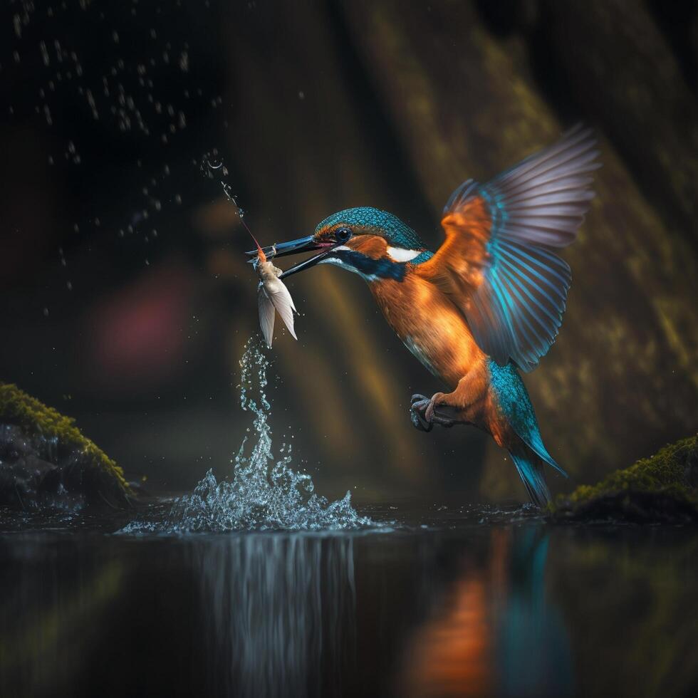 Common European Kingfisher river kingfisher flying after emerging from water with caught fish prey in beak photo