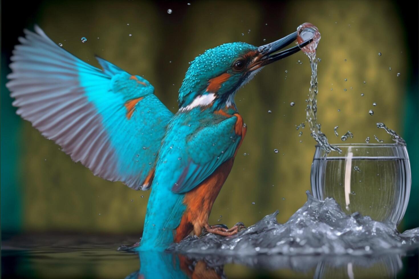 Common European Kingfisher river kingfisher flying after emerging from water with caught fish prey in beak photo