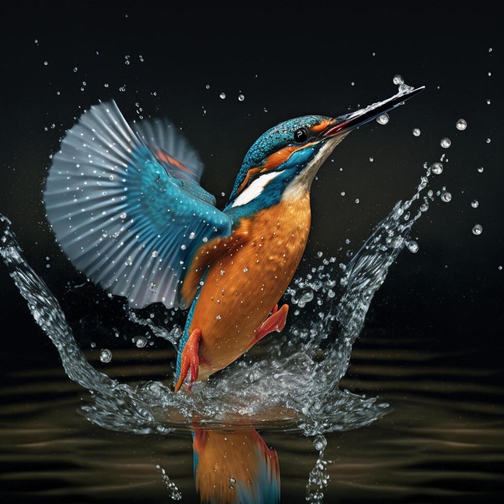 Common European Kingfisher river kingfisher flying after emerging from water with caught fish prey in beak photo