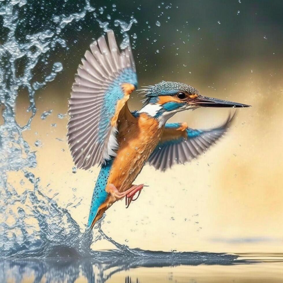 Common European Kingfisher river kingfisher flying after emerging from water with caught fish prey in beak photo