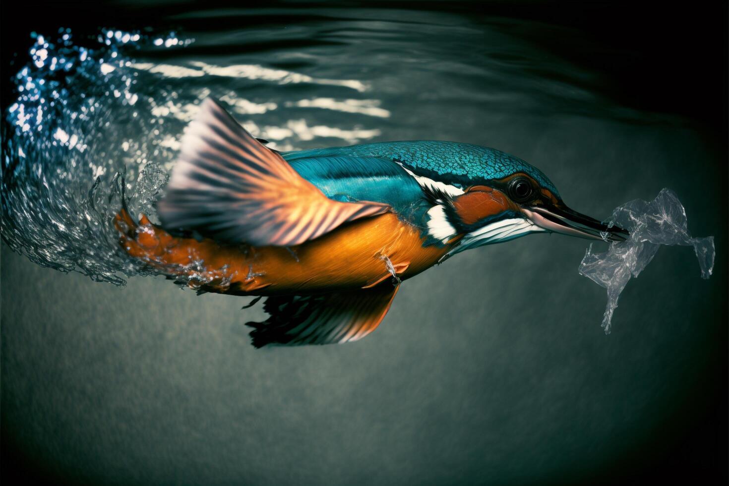 Common European Kingfisher river kingfisher flying after emerging from water with caught fish prey in beak photo